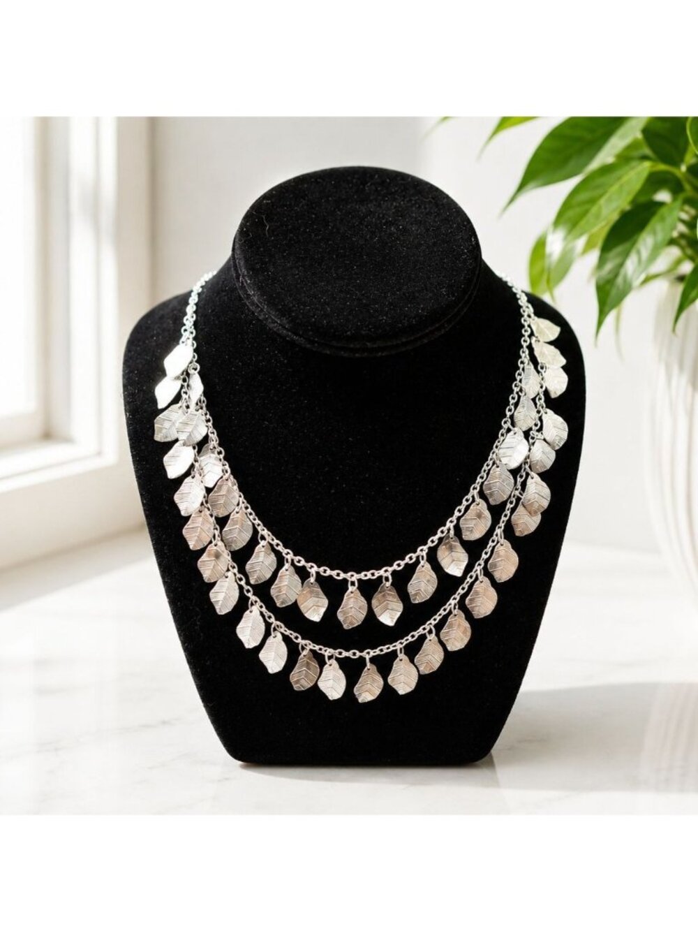 Layered Silver-Tone Boho Leaf Charm Necklace With Lobster Clasp Closure Elegant